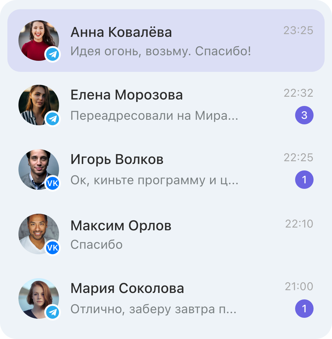 Список диалогов из Telegram и VK в одном окне Alitep