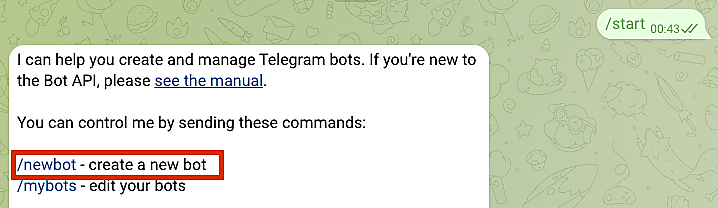 Команды /start и /newbot в BotFather