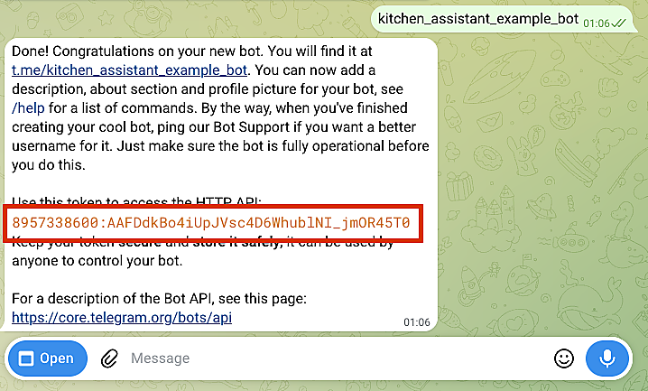 Токен бота в сообщении BotFather